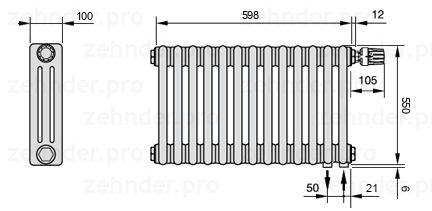 Схема (чертеж) Радиатор Zehnder Charleston 3055/13 №V002 Белый глянцевый RAL 9016